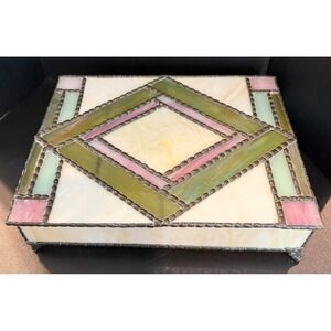 Handcrafted Large Jewelry Box Cream Green‎ Pink Stained Slag Glass Geometric